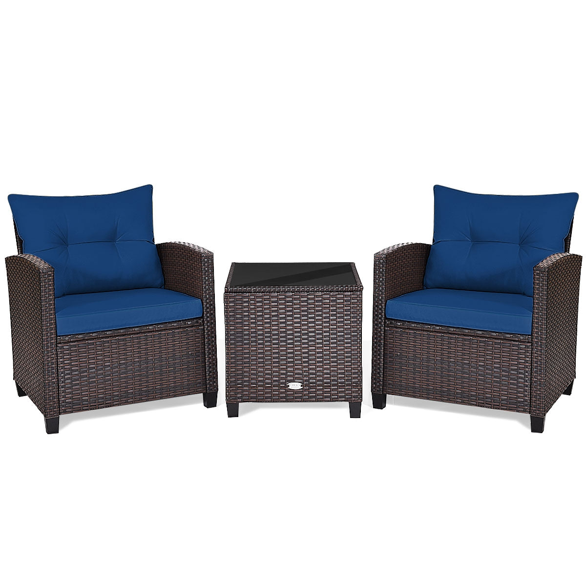 3 Pieces Cushioned Rattan Patio Conversation Set with Coffee Table, Navy Patio Conversation Sets Navy at Gallery Canada