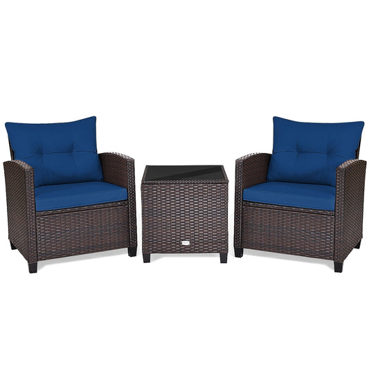 3 Pieces Cushioned Rattan Patio Conversation Set with Coffee Table, Navy Patio Conversation Sets Navy at Gallery Canada