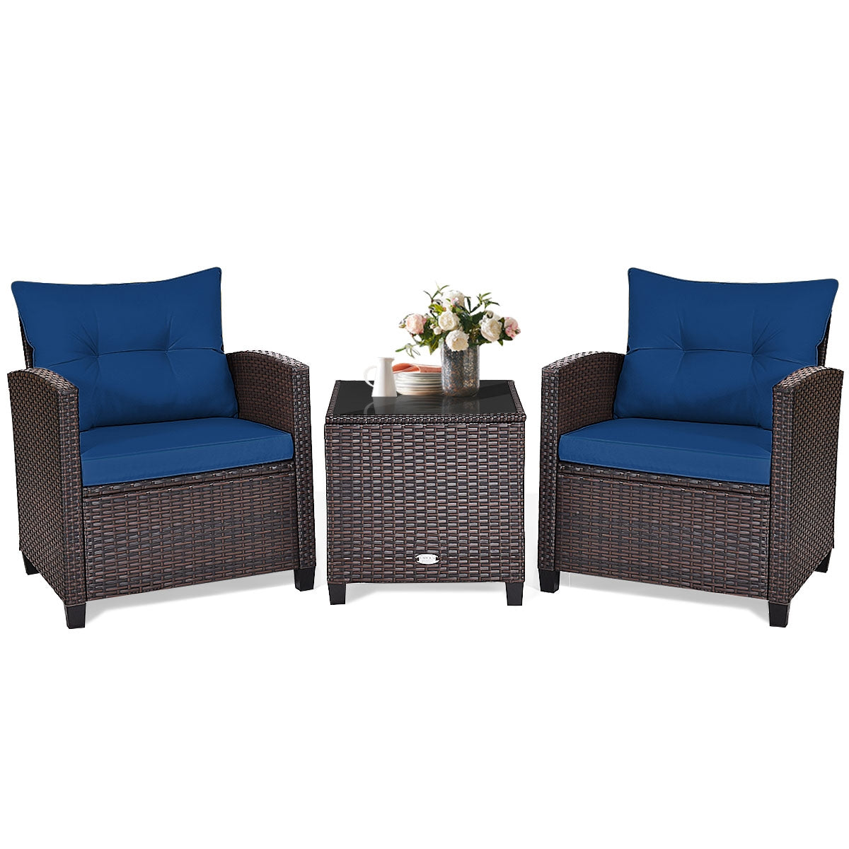 3 Pieces Cushioned Rattan Patio Conversation Set with Coffee Table, Navy Patio Conversation Sets at Gallery Canada