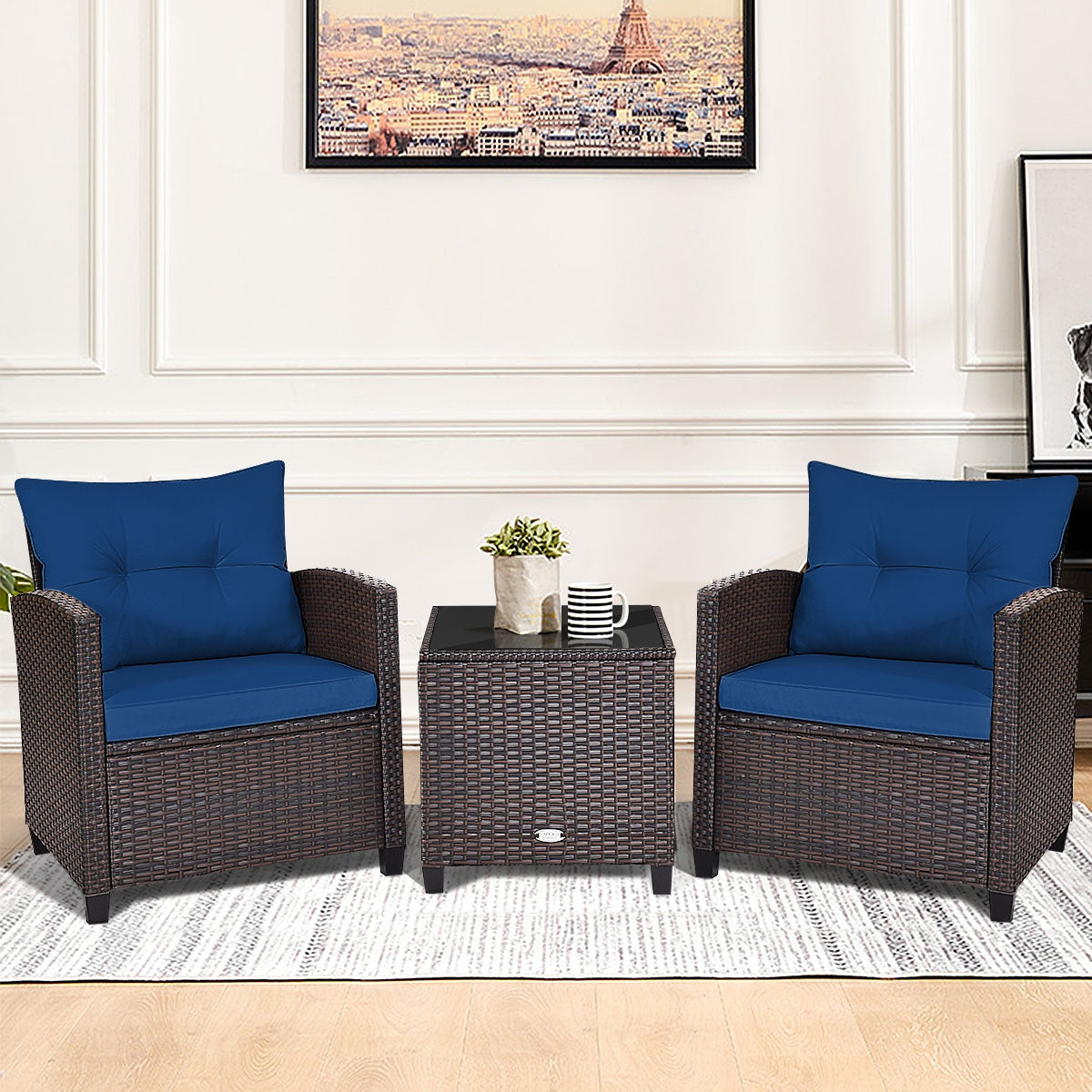 3 Pieces Cushioned Rattan Patio Conversation Set with Coffee Table, Navy Patio Conversation Sets at Gallery Canada