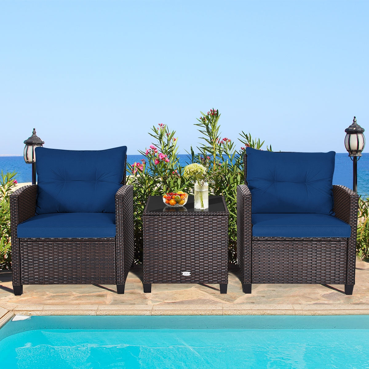 3 Pieces Cushioned Rattan Patio Conversation Set with Coffee Table, Navy Patio Conversation Sets at Gallery Canada