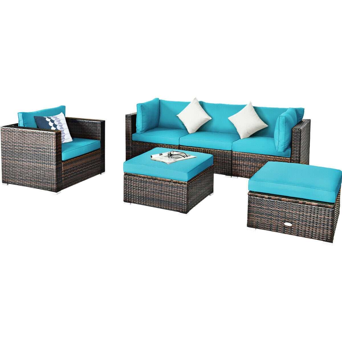 6 Pieces Patio Rattan Furniture Set with Sectional Cushion, Turquoise Outdoor Sectionals Turquoise at Gallery Canada