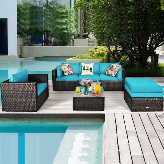6 Pieces Patio Rattan Furniture Set with Sectional Cushion, Turquoise Outdoor Sectionals Turquoise at Gallery Canada