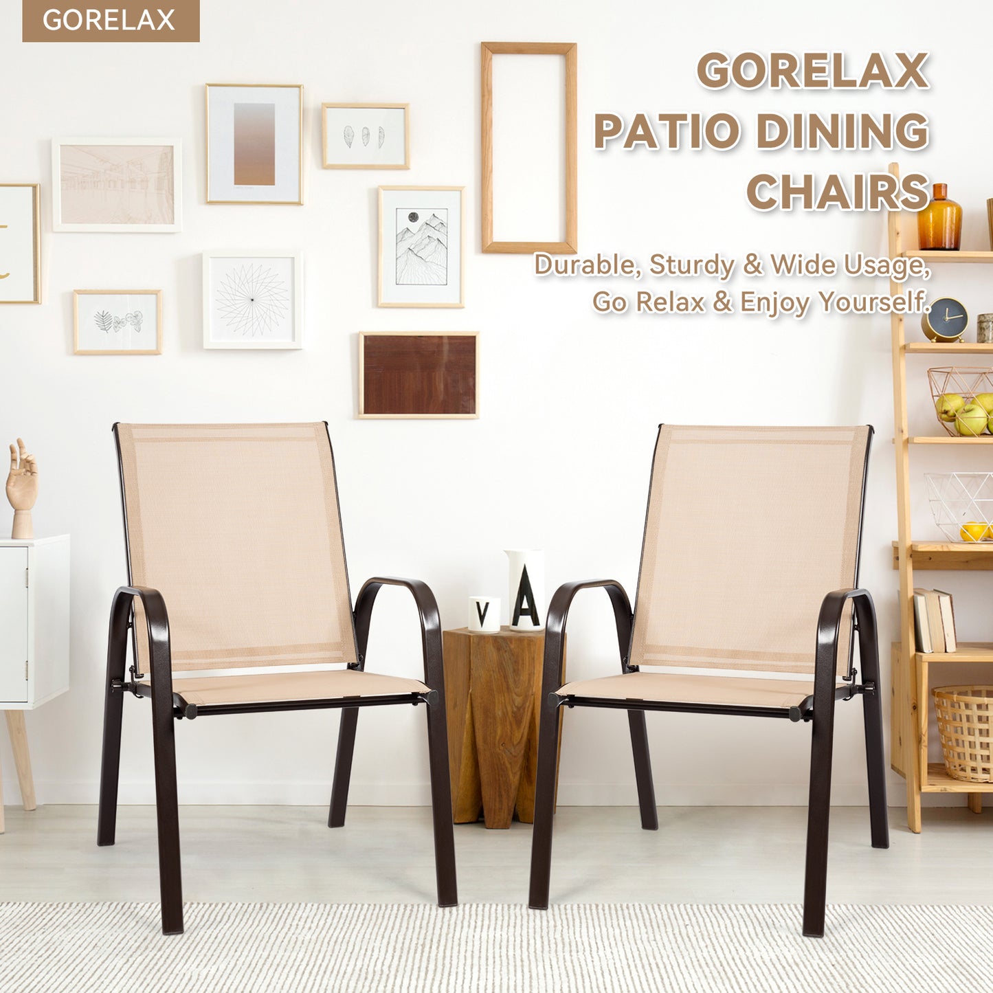 Patio Outdoor Dining Chair With Armrest, 2 Pieces, Beige