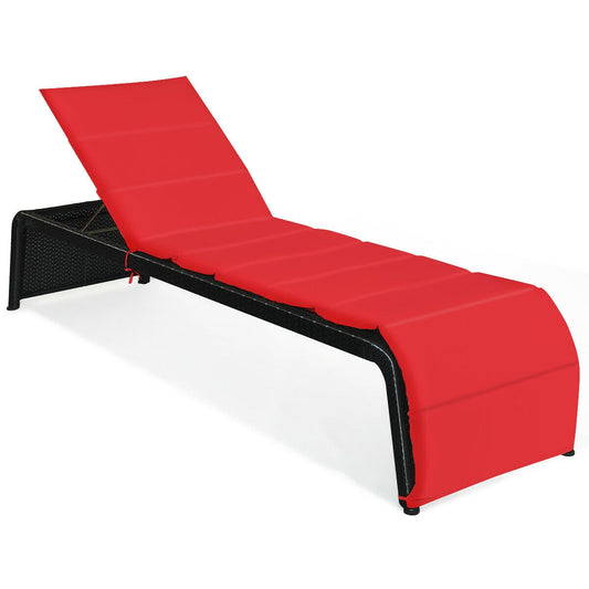 Adjustable Patio Rattan Lounge Chair With Cushions, Red