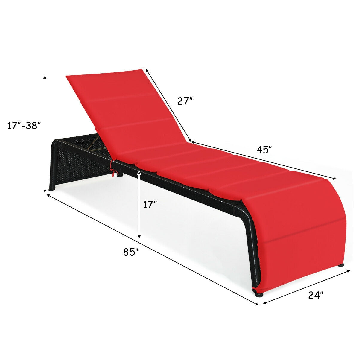 Adjustable Patio Rattan Lounge Chair with Cushions, Red Outdoor Chaise Lounges at Gallery Canada