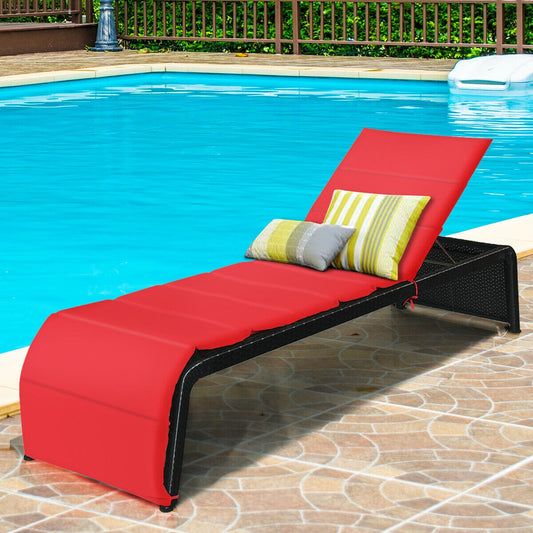 Adjustable Patio Rattan Lounge Chair with Cushions, Red Outdoor Chaise Lounges Red at Gallery Canada