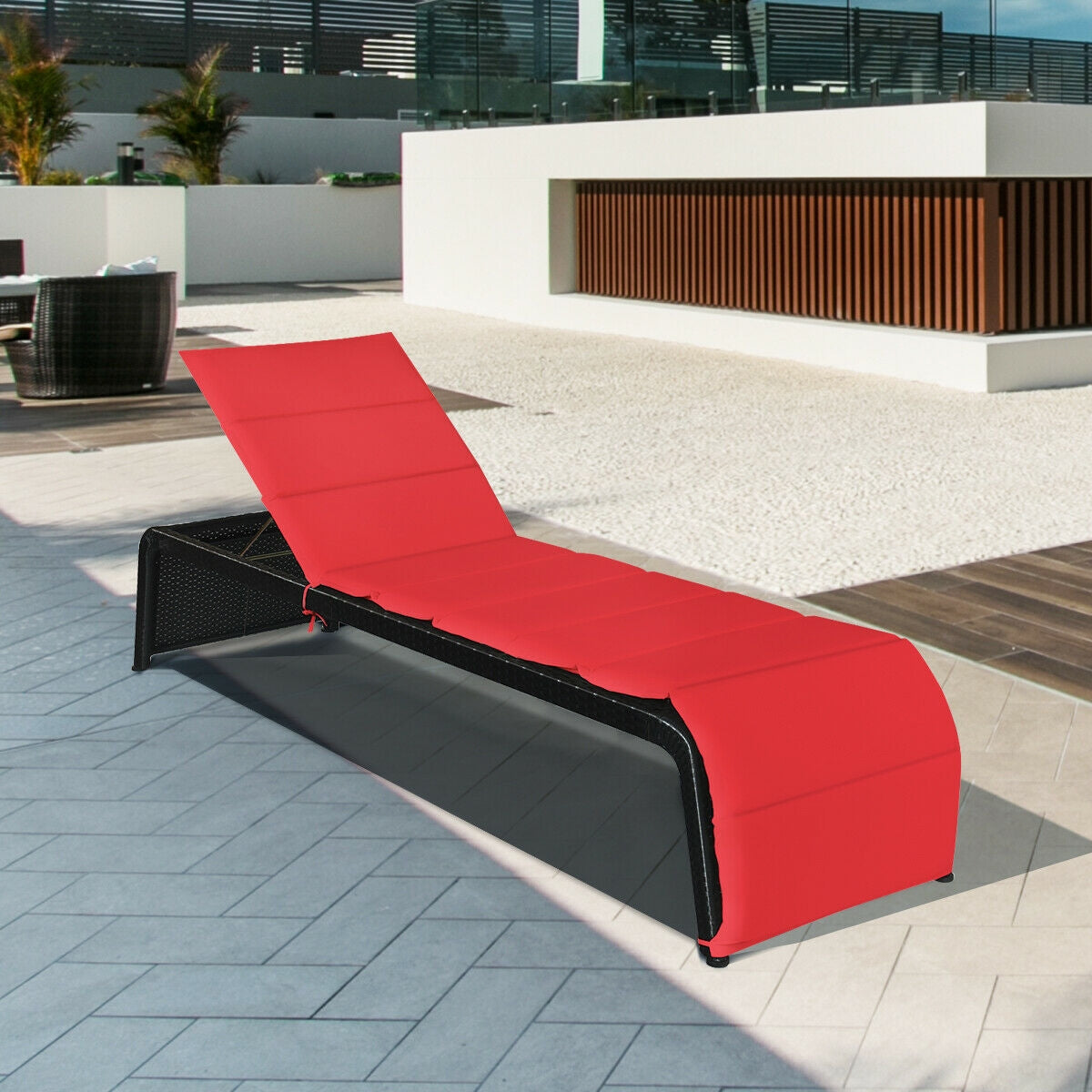Adjustable Patio Rattan Lounge Chair with Cushions, Red Outdoor Chaise Lounges at Gallery Canada