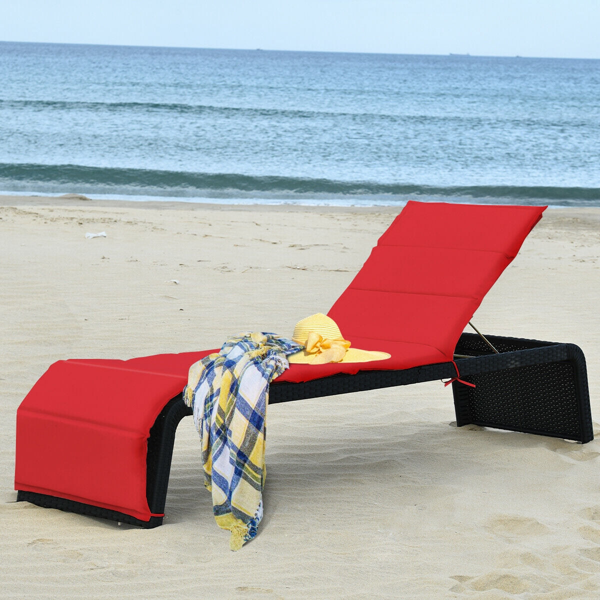 Adjustable Patio Rattan Lounge Chair with Cushions, Red Outdoor Chaise Lounges at Gallery Canada