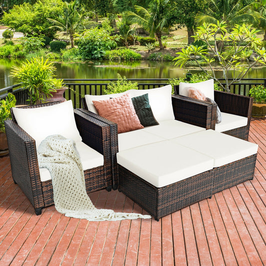 5 Pieces Patio Cushioned Rattan Furniture Set, White Outdoor Sectionals White at Gallery Canada