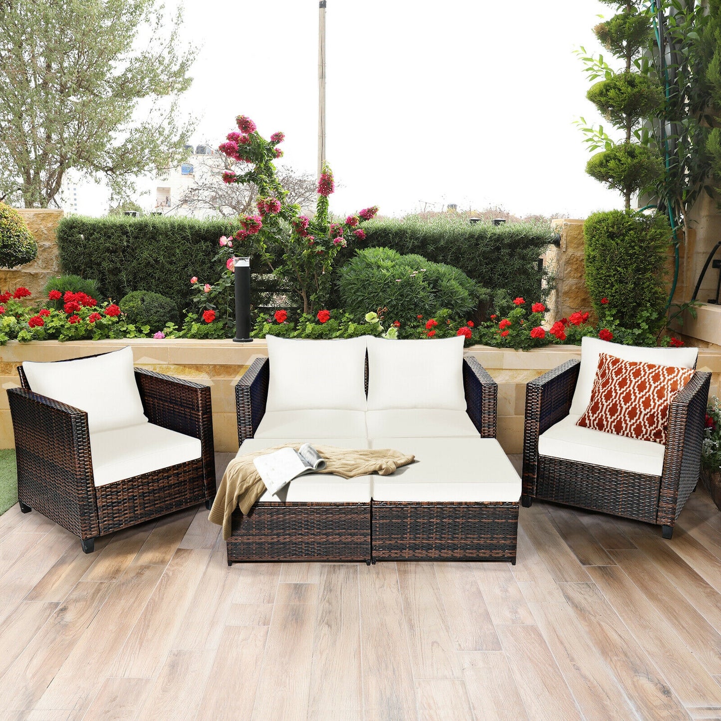 5 Pieces Patio Cushioned Rattan Furniture Set, White Outdoor Sectionals at Gallery Canada