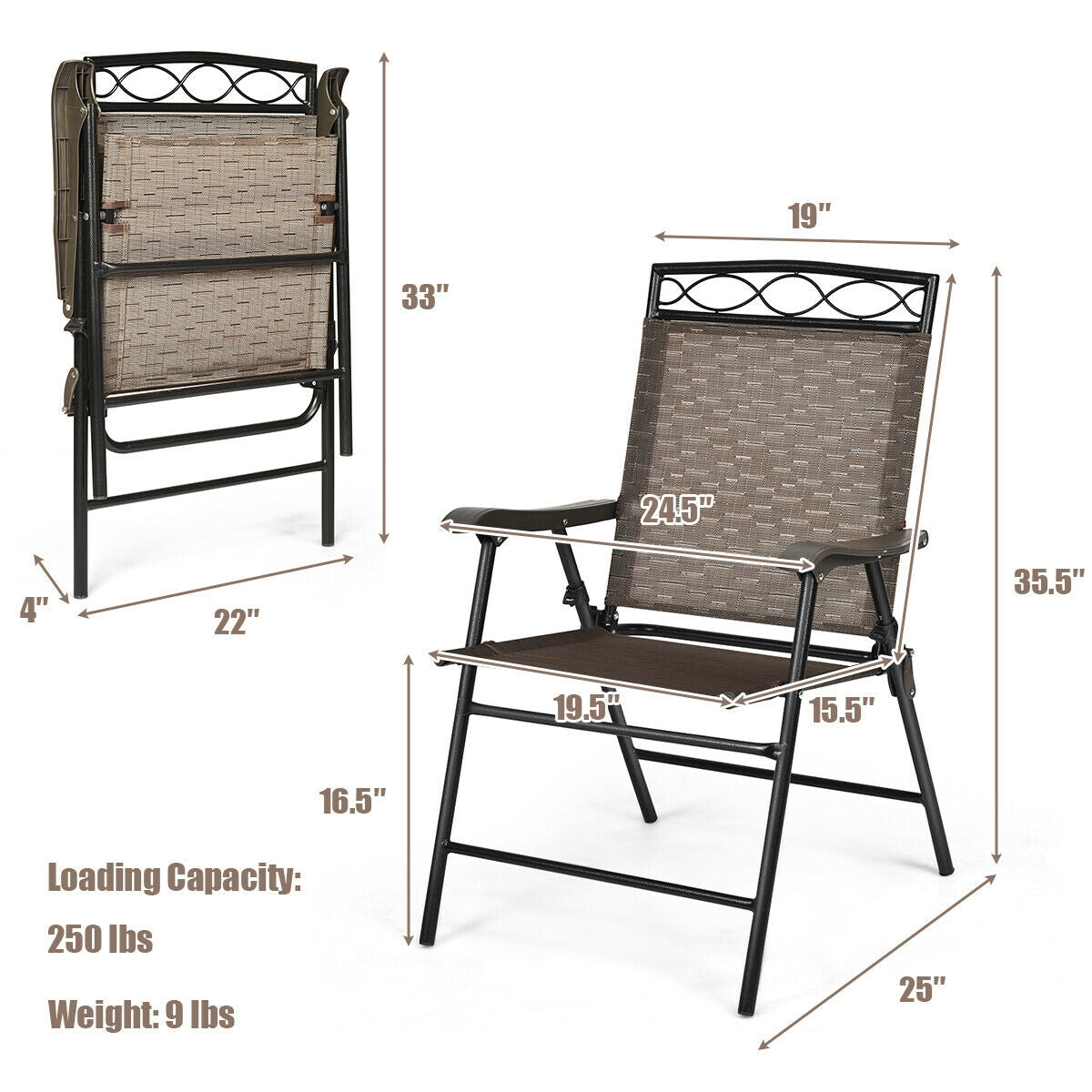 Set of 2 Patio Folding Chairs Sling Portable Dining Chair Set with Armrest, Brown Patio Dining Chairs at Gallery Canada