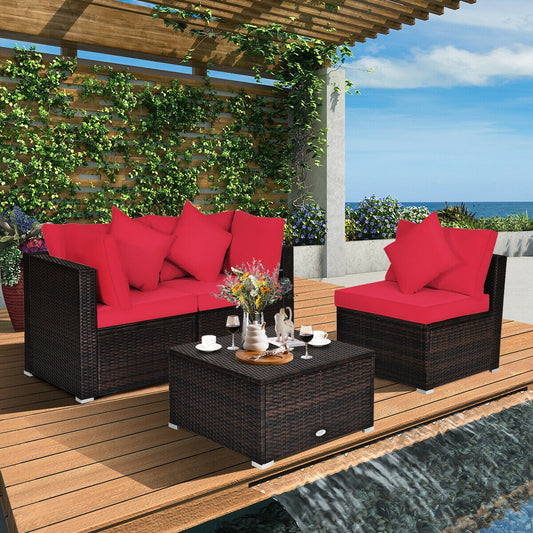 4 Pcs Ottoman Garden Deck Patio Rattan Wicker Furniture Set Cushioned Sofa, Red Outdoor Sectionals Red at Gallery Canada