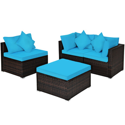 4 Pcs Ottoman Garden Furniture Set, Rattan Wicker Sofa, Turquoise