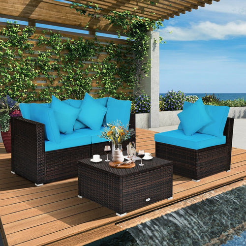 4 Pcs Ottoman Garden Deck Patio Rattan Wicker Furniture Set Cushioned Sofa, Turquoise