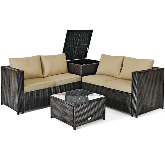 4 Pieces Outdoor Patio Rattan Furniture Set with Cushioned Loveseat and Storage Box, Brown Outdoor Sectionals at Gallery Canada