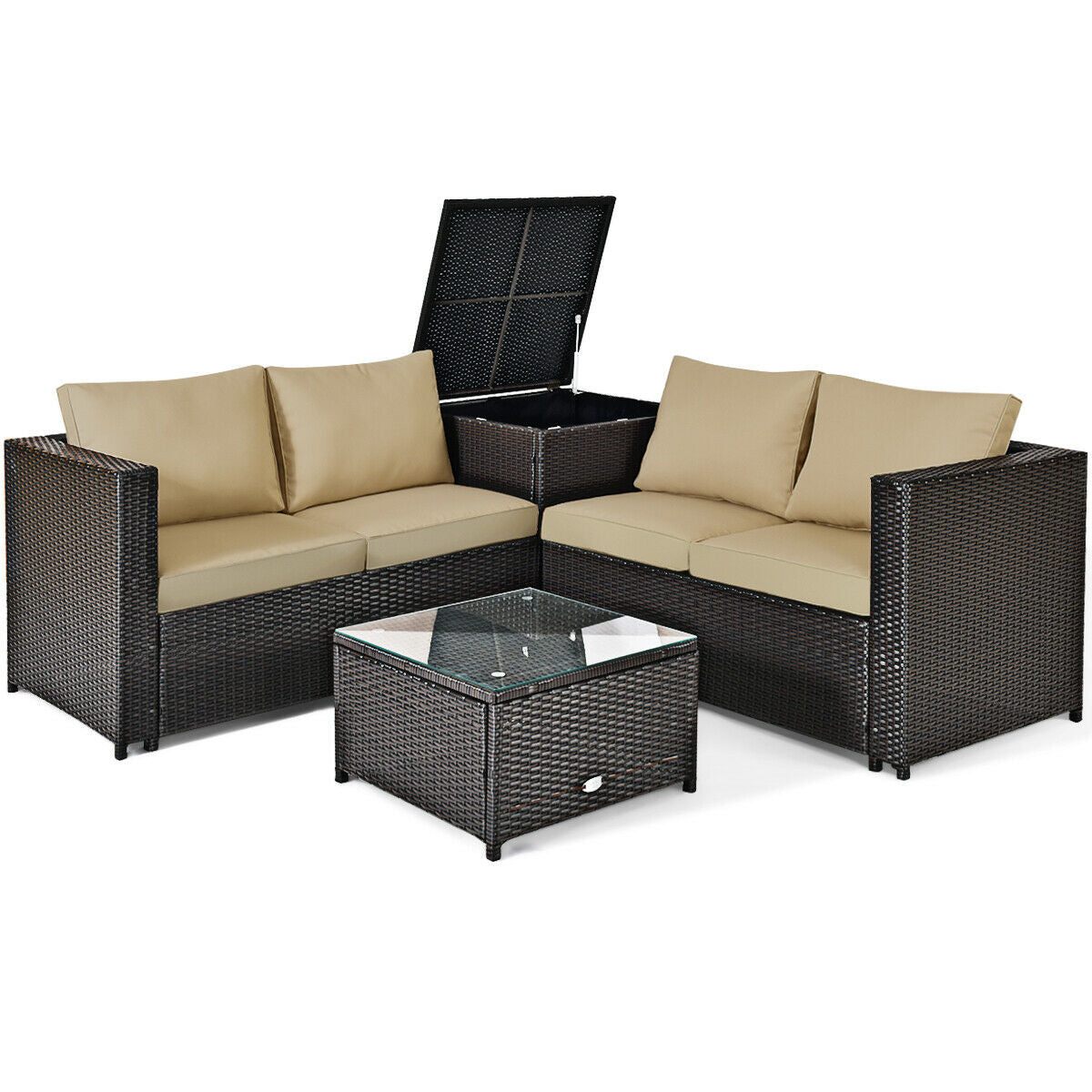 4 Pieces Outdoor Patio Rattan Furniture Set with Cushioned Loveseat and Storage Box, Brown Outdoor Sectionals at Gallery Canada