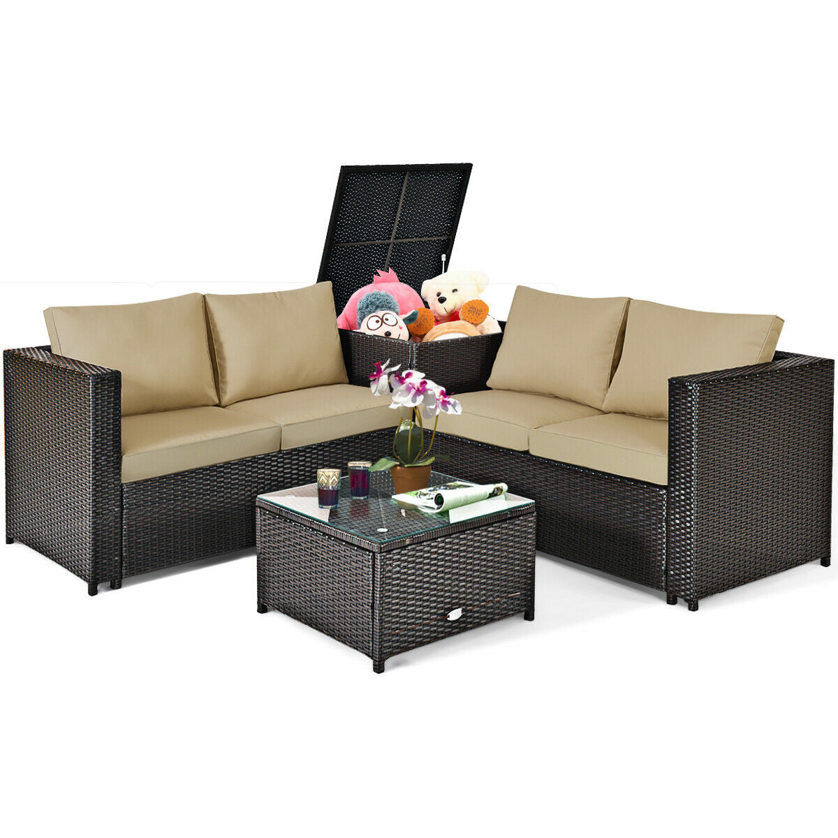 4 Pieces Outdoor Patio Rattan Furniture Set with Cushioned Loveseat and Storage Box, Brown Outdoor Sectionals at Gallery Canada