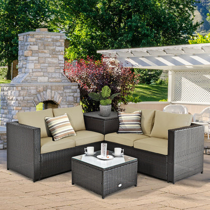 4 Pieces Outdoor Patio Rattan Furniture Set with Cushioned Loveseat and Storage Box, Brown Outdoor Sectionals at Gallery Canada