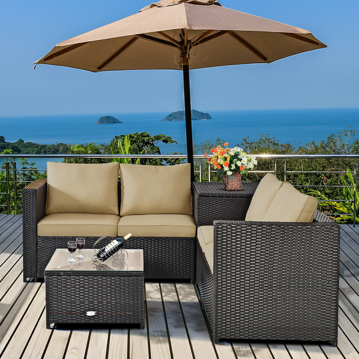 4 Pieces Outdoor Patio Rattan Furniture Set with Cushioned Loveseat and Storage Box, Brown Outdoor Sectionals at Gallery Canada