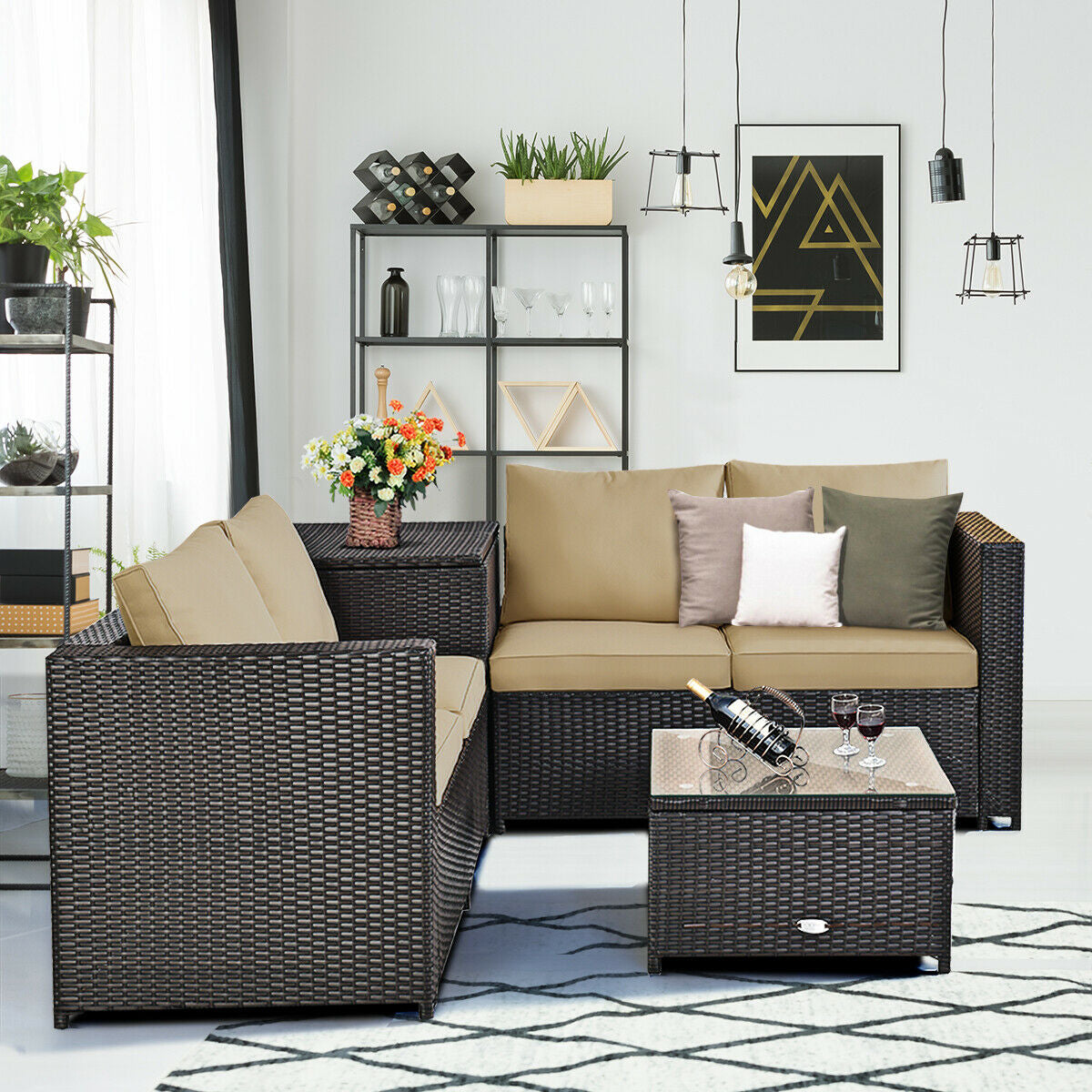 4 Pieces Outdoor Patio Rattan Furniture Set with Cushioned Loveseat and Storage Box, Brown Outdoor Sectionals at Gallery Canada