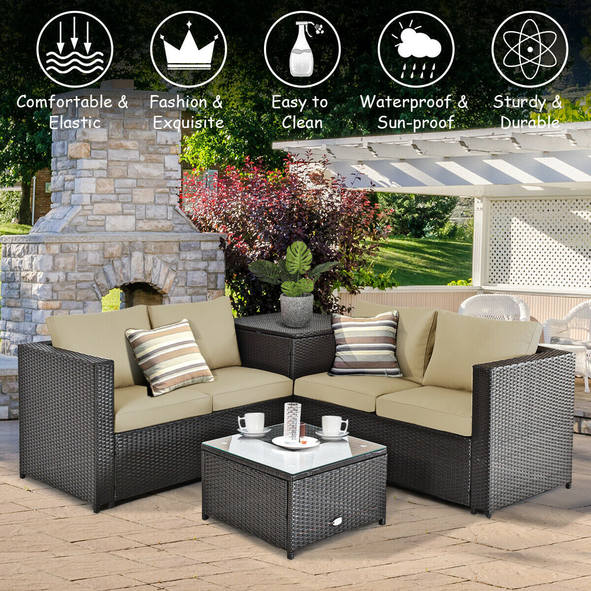 4 Pieces Outdoor Patio Rattan Furniture Set with Cushioned Loveseat and Storage Box, Brown Outdoor Sectionals at Gallery Canada