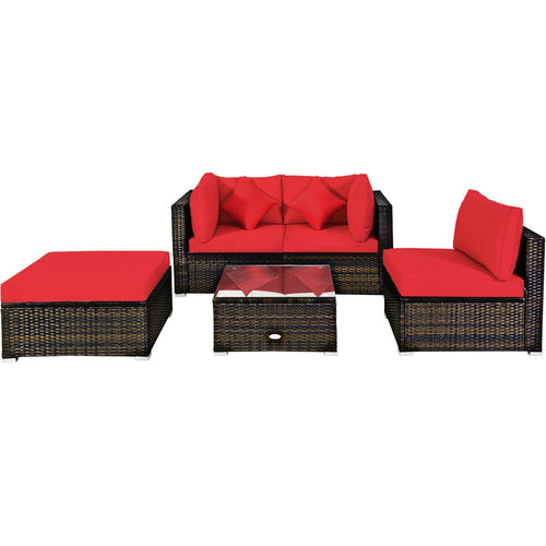 5 Pcs Outdoor Patio Rattan Sectional Set With Cushions, Red