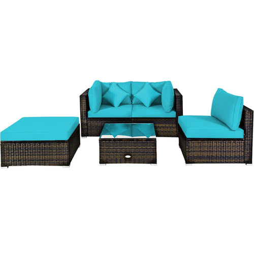 5 Pc Outdoor Patio Rattan Furniture Set, Turquoise