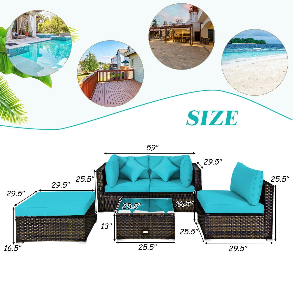 5 Pc Outdoor Patio Rattan Furniture Set, Turquoise Outdoor Sectionals at Gallery Canada