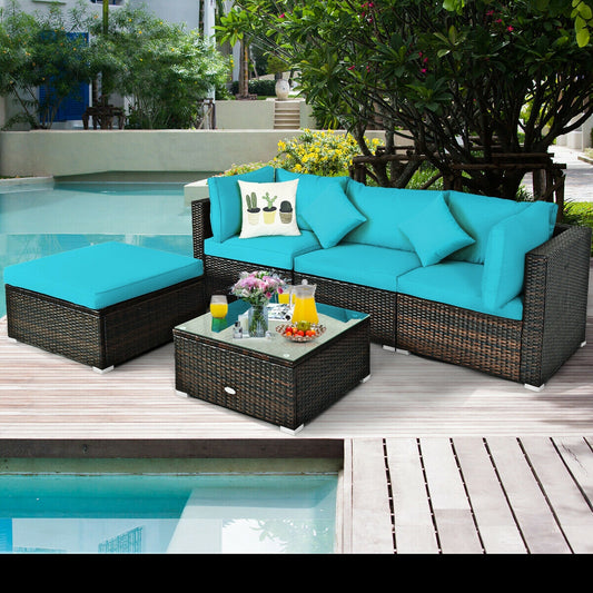 5 Pc Outdoor Patio Rattan Furniture Set, Turquoise Outdoor Sectionals Turquoise at Gallery Canada