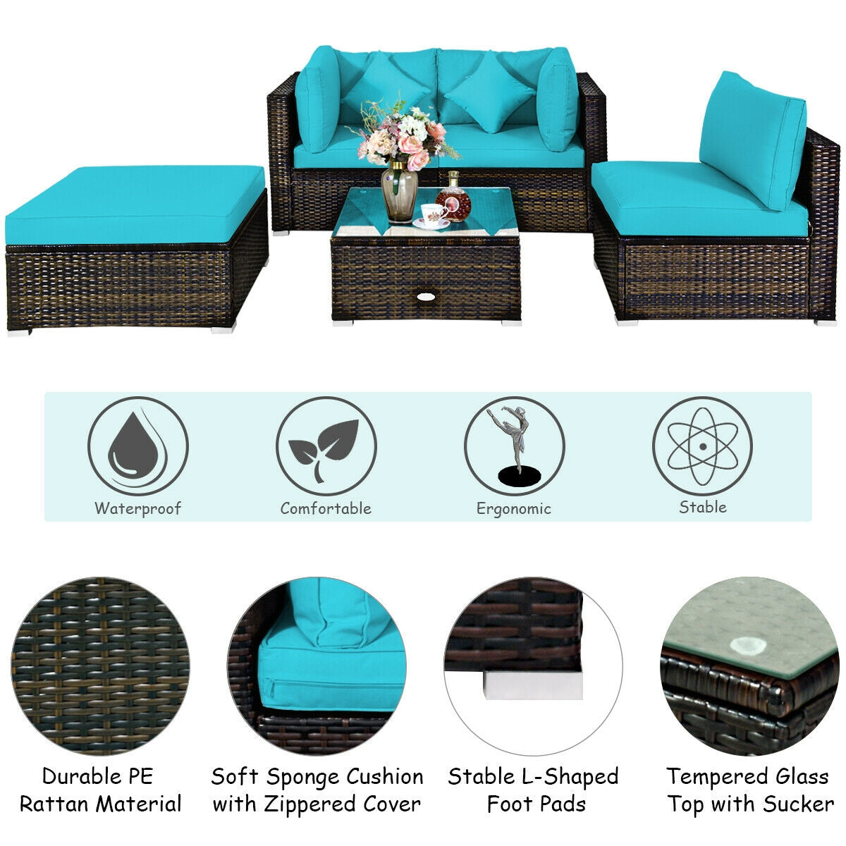 5 Pc Outdoor Patio Rattan Furniture Set, Turquoise Outdoor Sectionals at Gallery Canada
