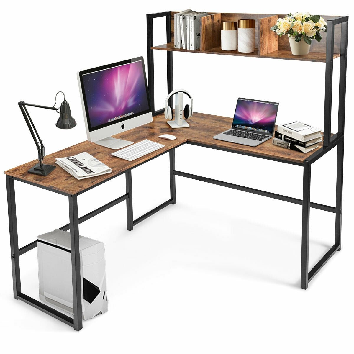Industrial L-Shaped Desk Bookshelf 55 Inch Corner Computer Gaming Table, Brown - Gallery Canada