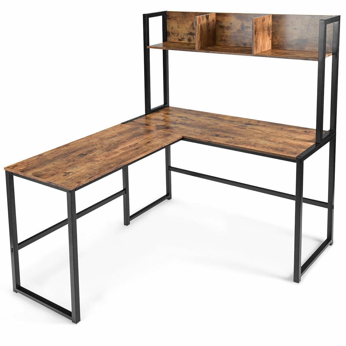 Industrial L-Shaped Desk Bookshelf 55 Inch Corner Computer Gaming Table, Brown - Gallery Canada