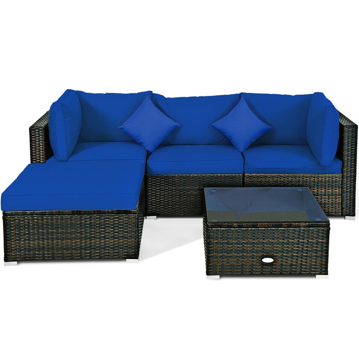 5 Pcs Outdoor Patio Rattan Furniture Set Sectional Conversation with Cushions, Navy Outdoor Sectionals at Gallery Canada