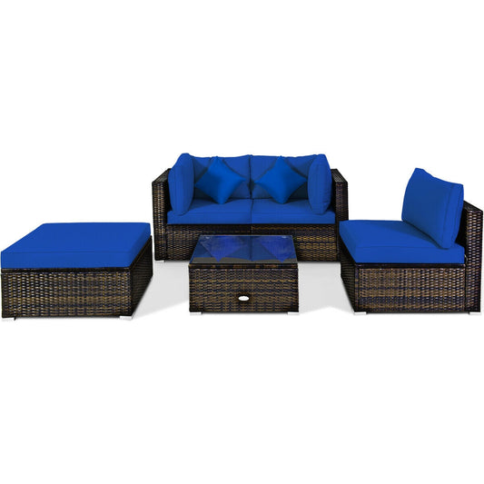 5 Pcs Outdoor Patio Rattan Furniture Set Sectional Conversation with Cushions, Navy Outdoor Sectionals Navy at Gallery Canada
