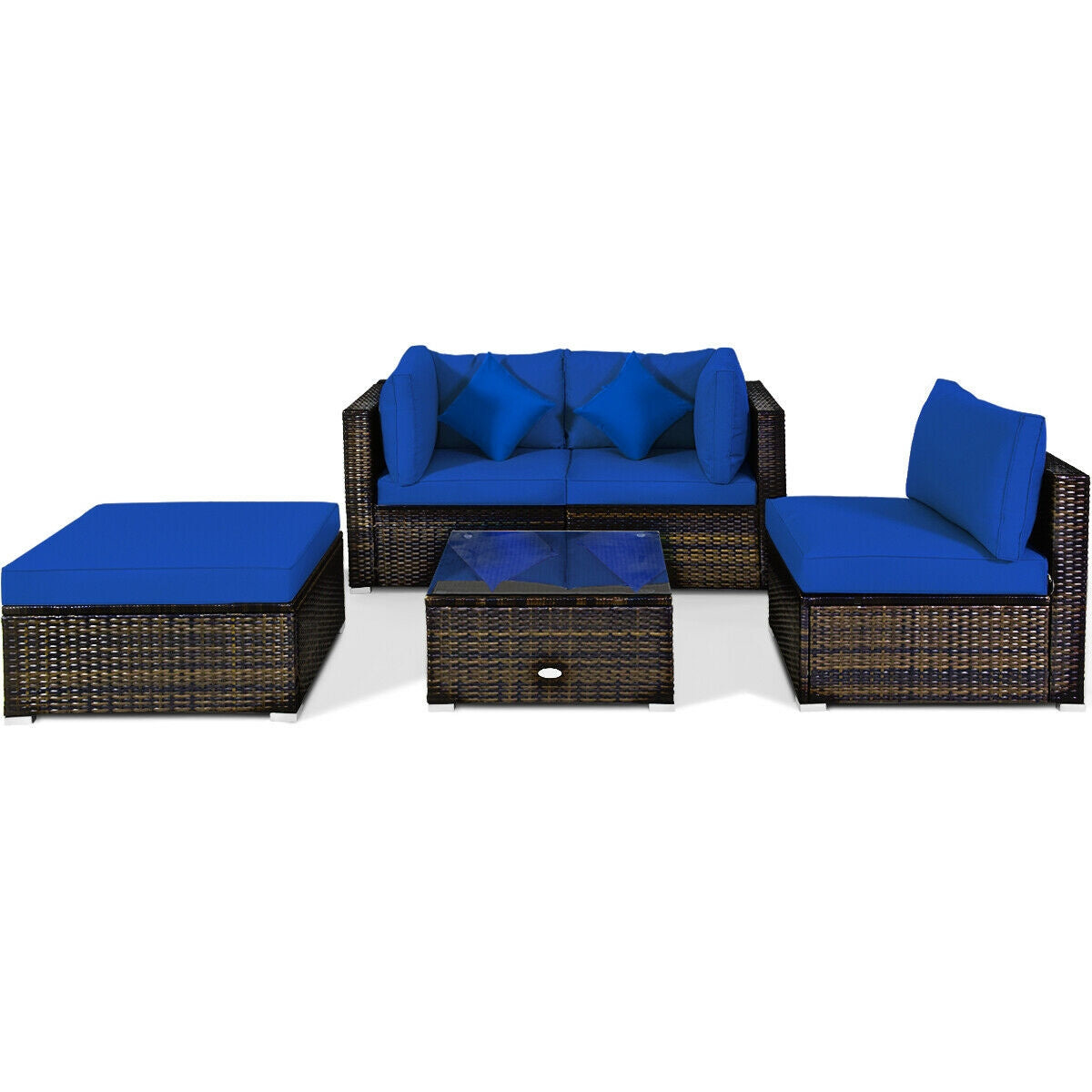 5 Pcs Outdoor Patio Rattan Furniture Set Sectional Conversation with Cushions, Navy Outdoor Sectionals at Gallery Canada