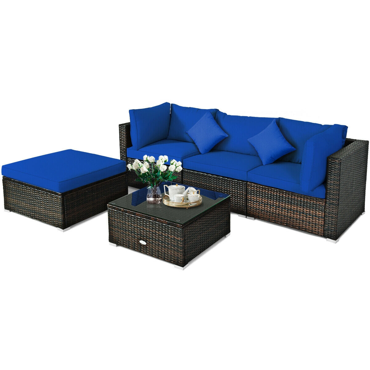 5 Pcs Outdoor Patio Rattan Furniture Set Sectional Conversation with Cushions, Navy Outdoor Sectionals at Gallery Canada