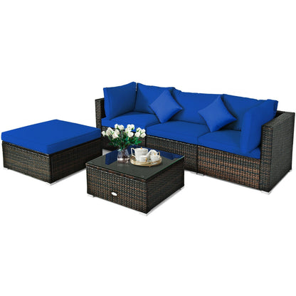 5 Pcs Outdoor Patio Rattan Furniture Set Sectional Conversation with Cushions, Navy Outdoor Sectionals at Gallery Canada