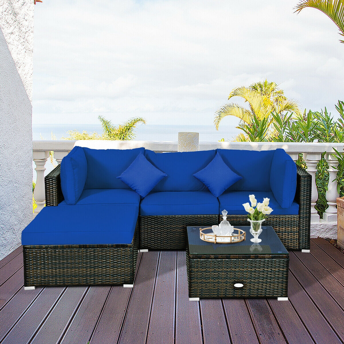 5 Pcs Outdoor Patio Rattan Furniture Set Sectional Conversation with Cushions, Navy Outdoor Sectionals at Gallery Canada