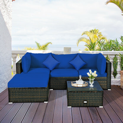 5 Pcs Outdoor Patio Rattan Furniture Set Sectional Conversation with Cushions, Navy Outdoor Sectionals at Gallery Canada