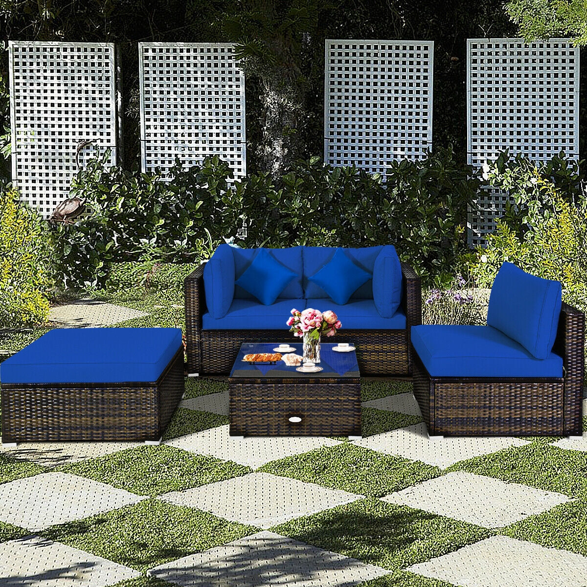 5 Pcs Outdoor Patio Rattan Furniture Set Sectional Conversation with Cushions, Navy Outdoor Sectionals at Gallery Canada