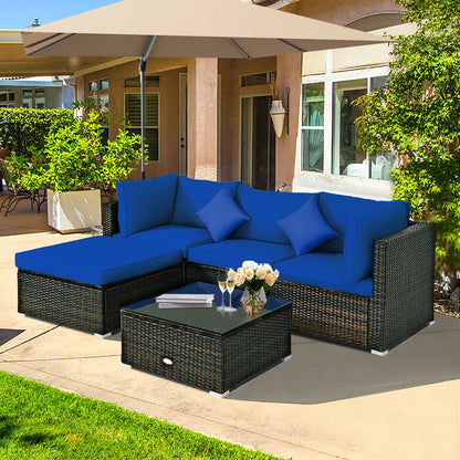 5 Pcs Outdoor Patio Rattan Furniture Set Sectional Conversation with Cushions, Navy Outdoor Sectionals at Gallery Canada