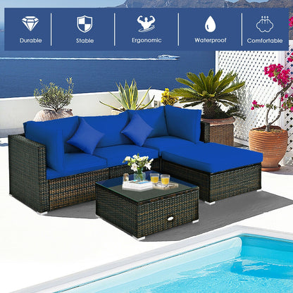 5 Pcs Outdoor Patio Rattan Furniture Set Sectional Conversation with Cushions, Navy Outdoor Sectionals at Gallery Canada