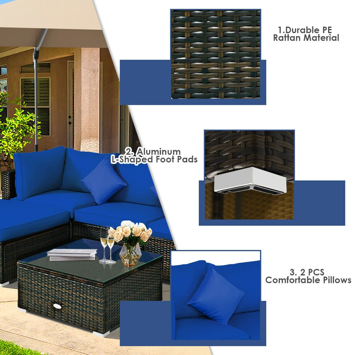 5 Pcs Outdoor Patio Rattan Furniture Set Sectional Conversation with Cushions, Navy Outdoor Sectionals at Gallery Canada