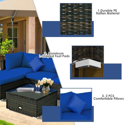 5 Pcs Outdoor Patio Rattan Furniture Set Sectional Conversation with Cushions, Navy Outdoor Sectionals at Gallery Canada