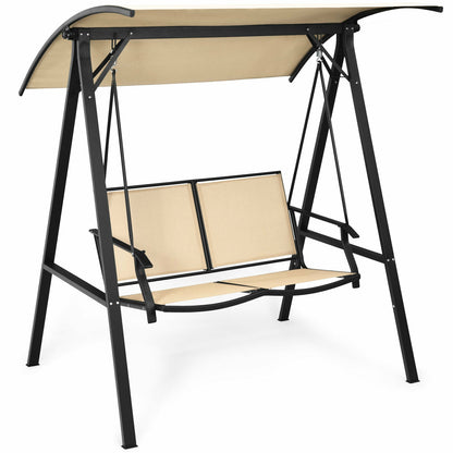 2 Person Patio Swing, Weather Resistant Glider, Adjustable Canopy, Beige