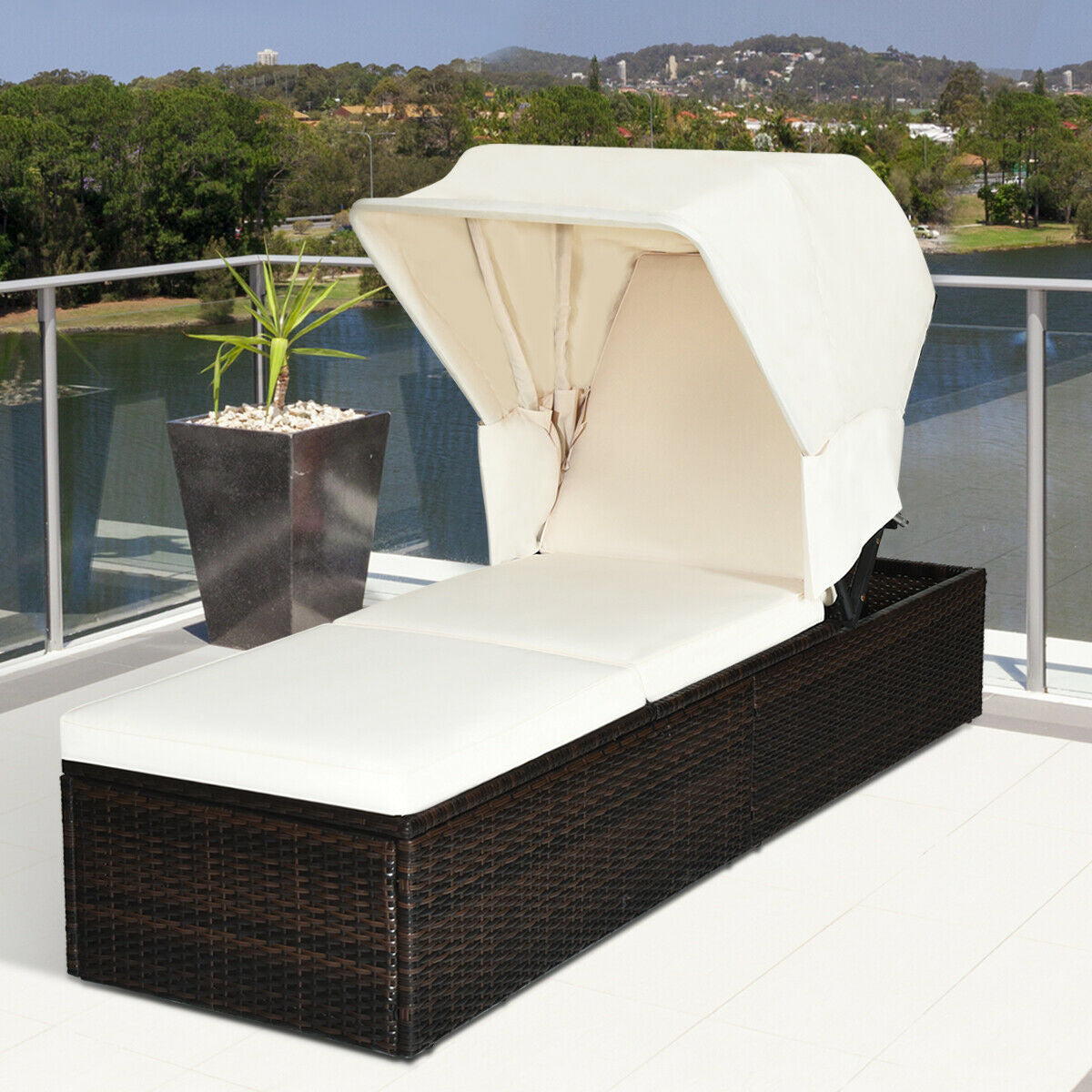 Outdoor Chaise Lounge Chair with Folding Canopy, White Outdoor Chaise Lounges at Gallery Canada