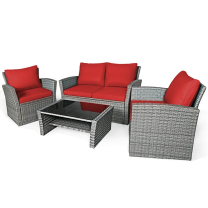4 Pieces Patio Rattan Furniture Set Sofa Table with Storage Shelf Cushion, Red Patio Conversation Sets at Gallery Canada