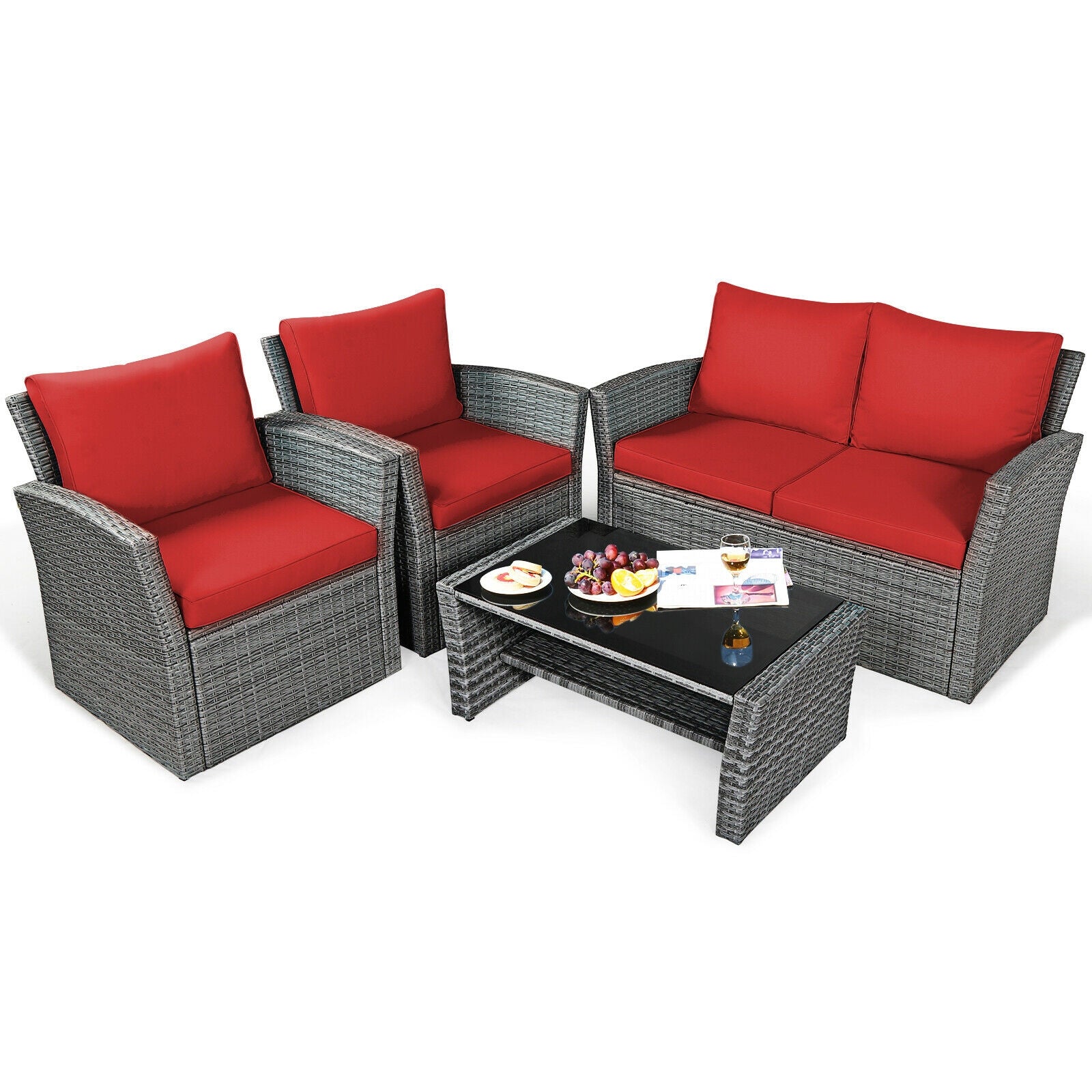 4 Pieces Patio Rattan Furniture Set Sofa Table with Storage Shelf Cushion, Red Patio Conversation Sets at Gallery Canada