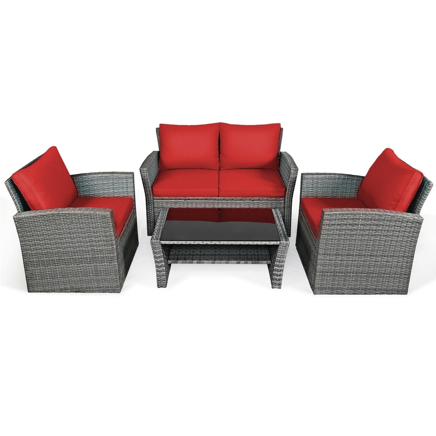 4 Piece Patio Rattan Furniture Set, Sofa Table With Storage Shelf, Red Patio Conversation Sets Red at Gallery Canada